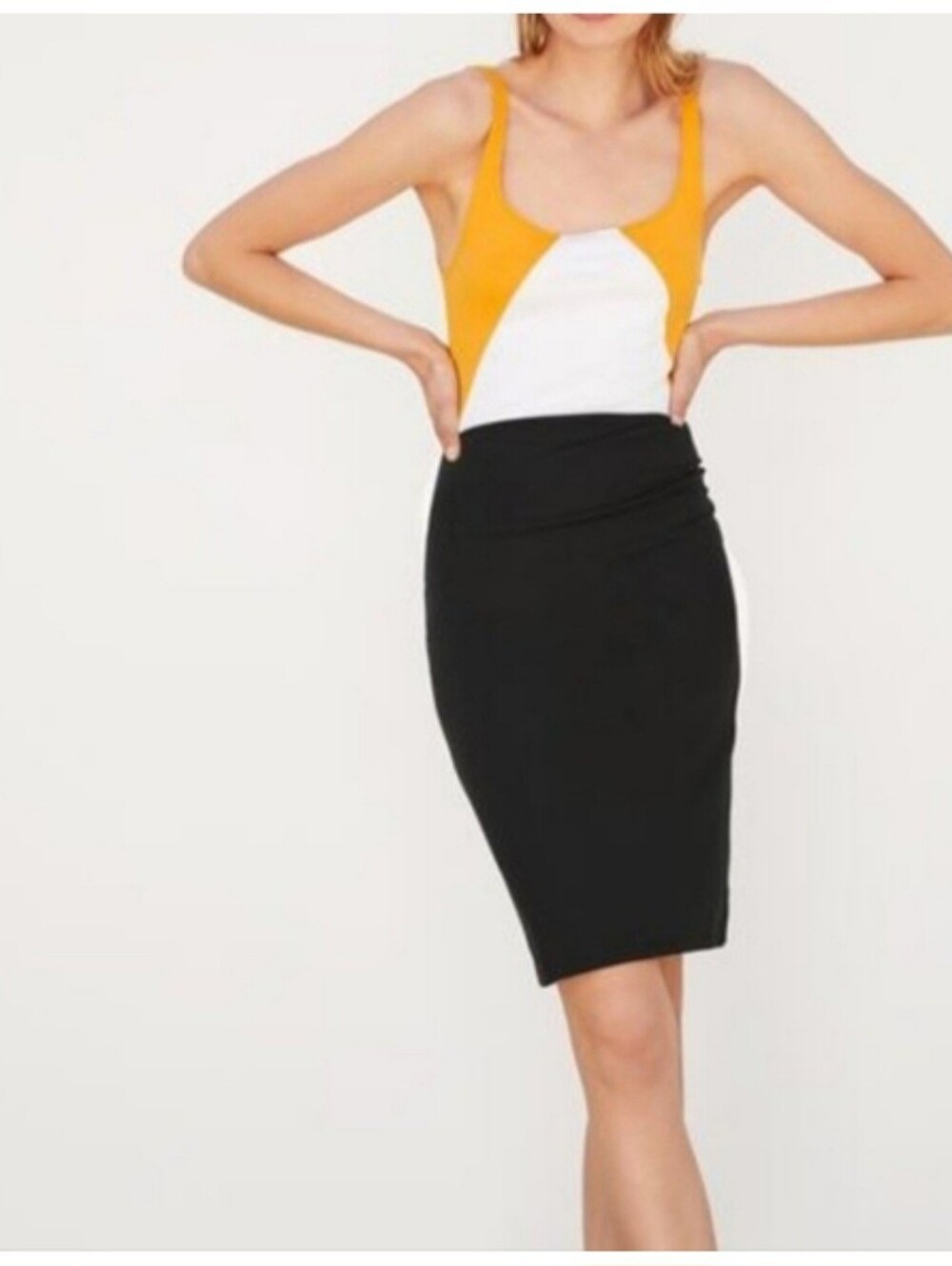 ZARA Colorblock Bodycon Midi Dress Mustard Yellow White Black Size L